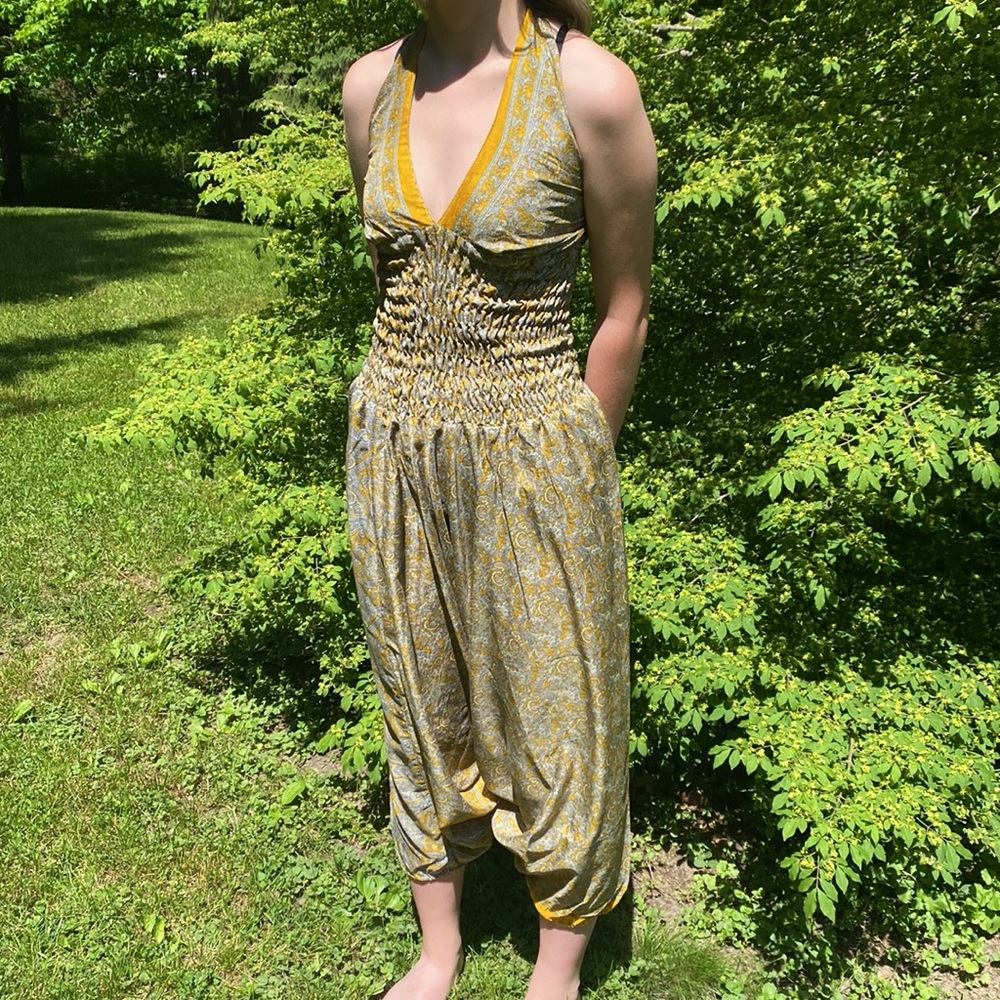Guru Yogini Sari Halter Jumpsuit NWT Up Cycled Earth Tones O/S Eco Wear